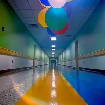 Balloons above a glossy blue and yellow hallway.
