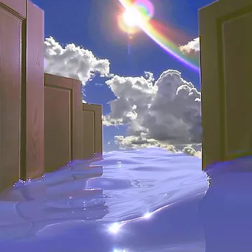 Open double doors above lavender clouds.