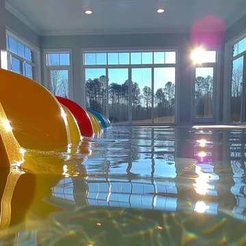 Orange slide reflected in a sunlit indoor pool.