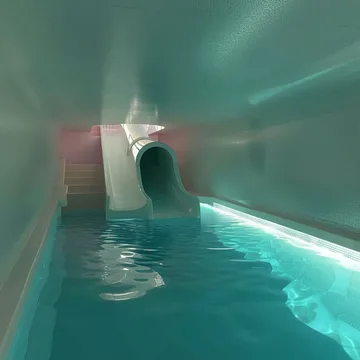 Glowing turquoise pool and a tunnel slide.