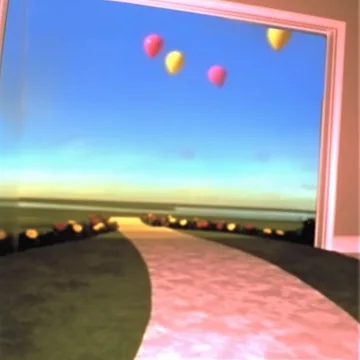 Balloons above a curved path seen through a window.