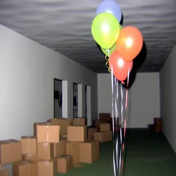 Balloons and cardboard boxes in an empty hallway.