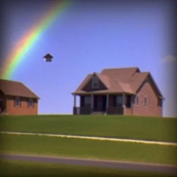 Rainbow over two houses and a green lawn.
