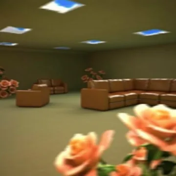 Flowers in front of empty brown lounge chairs.