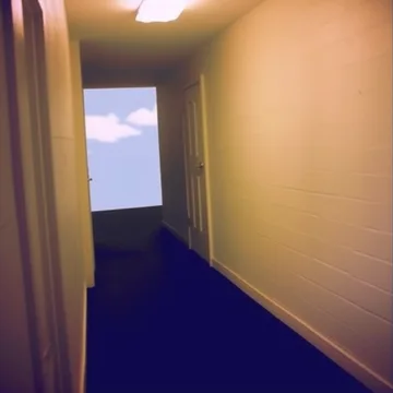 Narrow yellow hallway ending at a blue doorway.