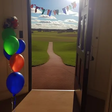 Balloons beside an open door to a garden path.
