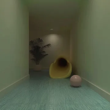 Small yellow play tunnel in a quiet green room.