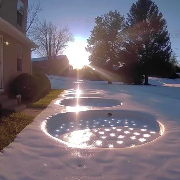 Shimmering circular pools along a suburban path.