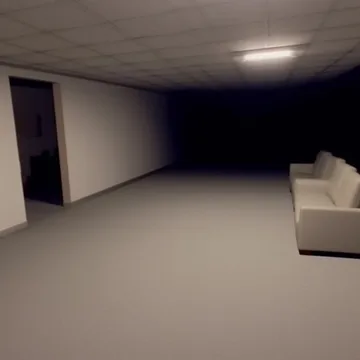 Sofa in a dim room with a wide dark opening.