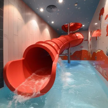 Red spiral slide in an indoor swimming pool.