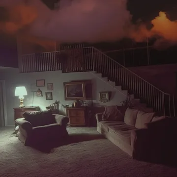 Living room beneath an open red night sky.