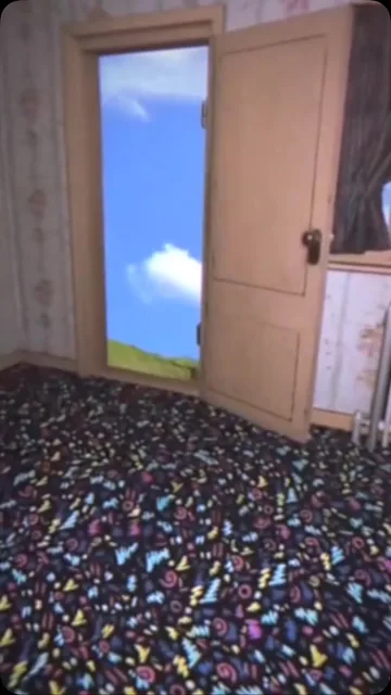 Open door to the sky above patterned carpet.