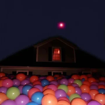 Ball pit outside a dark house with a red light.