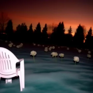 White chair beside water beneath an orange sky.
