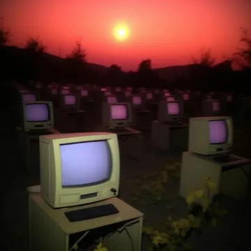 Old computers among flowers under a red sun.