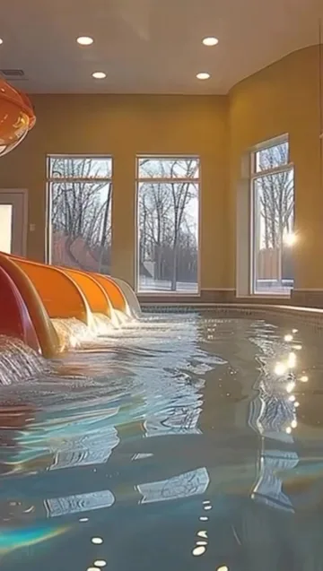 Small slide inside a golden-lit indoor pool.
