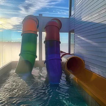 Colorful water slides outside a white building.