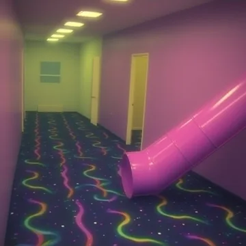 Pink tube slide in a pastel corridor.