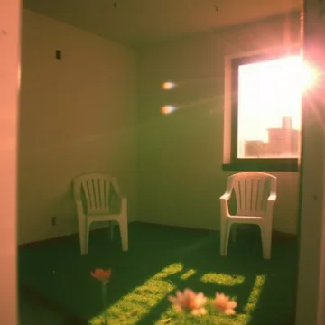 White chairs and flowers in a warm sunlit room.