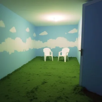 Two white chairs in a room with grass and cloud walls.