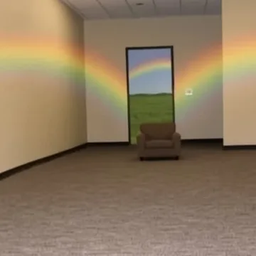 Old television before a doorway beneath a rainbow.