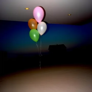 Balloons against a painted night sky.