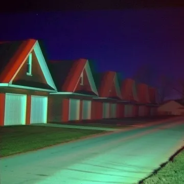 Colorfully lit houses beside water at night.