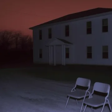 Two chairs outside a white building at dusk.