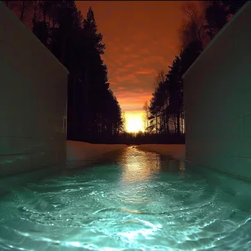 Water between buildings beneath an orange sunset.