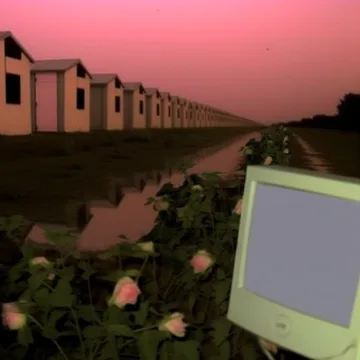 Computer among flowers beside a row of houses.