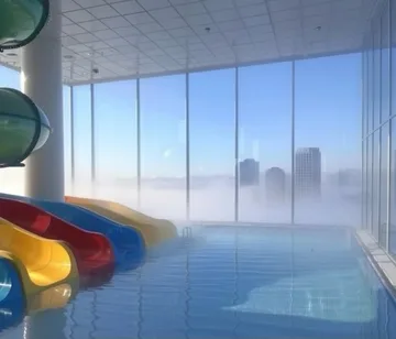 Colorful slide beside tall windows overlooking a pale skyline.