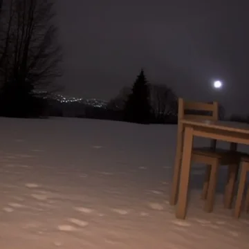 Single chair outside under a dark moonlit sky.