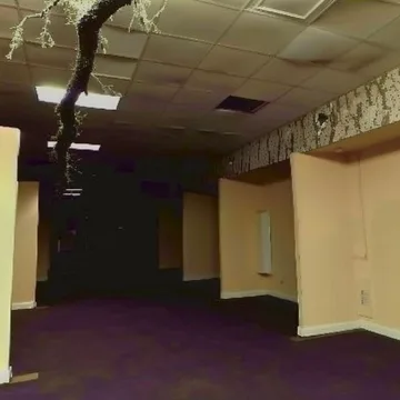 Dim room with damaged ceiling tiles.