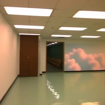 Bright hallway opening onto pink clouds.