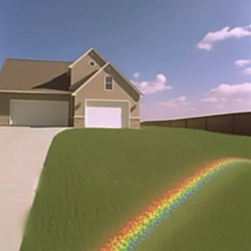 Rainbow falling across a suburban lawn.