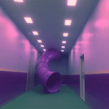 Purple slide in a pink-lit hallway.