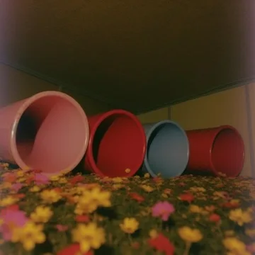 Colorful play tunnels over a floor covered in flowers.