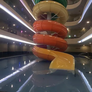 Spiral slide in a flooded apartment atrium.