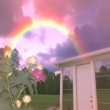 Flowers beside a pink house beneath a rainbow.