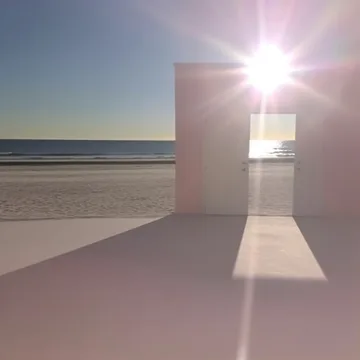 Sunlit doorway at the end of a pale corridor.