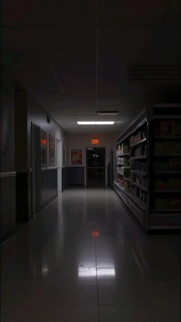 Dim supermarket aisle.