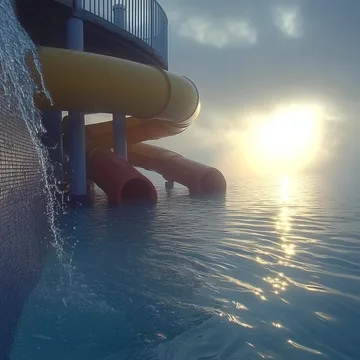 Large tubes above a pool at sunrise.
