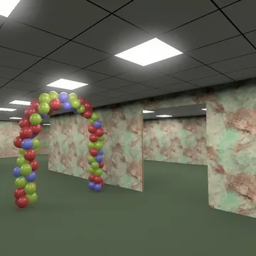 Balloon arch inside a floral room.
