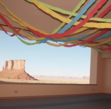 Streamers above a window onto the desert.