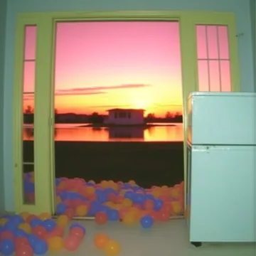 Open mint doors onto balloons and a sunset.