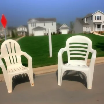 Two white chairs on a suburban lawn.