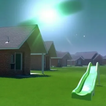 Green slide outside a house under a luminous sky.