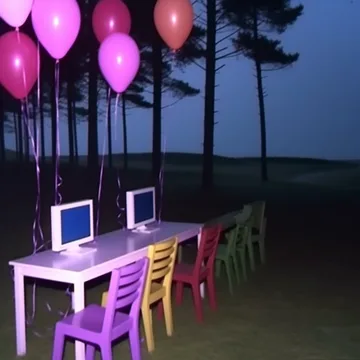 Computers and balloons beneath trees at night.
