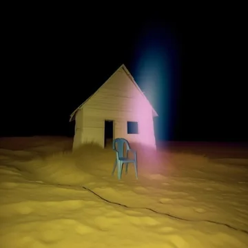 Small house illuminated in a golden field at night.