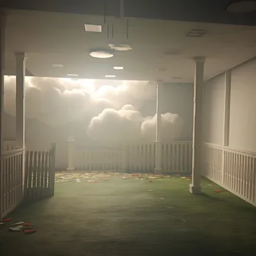 Clouds beyond the railing of an empty room.